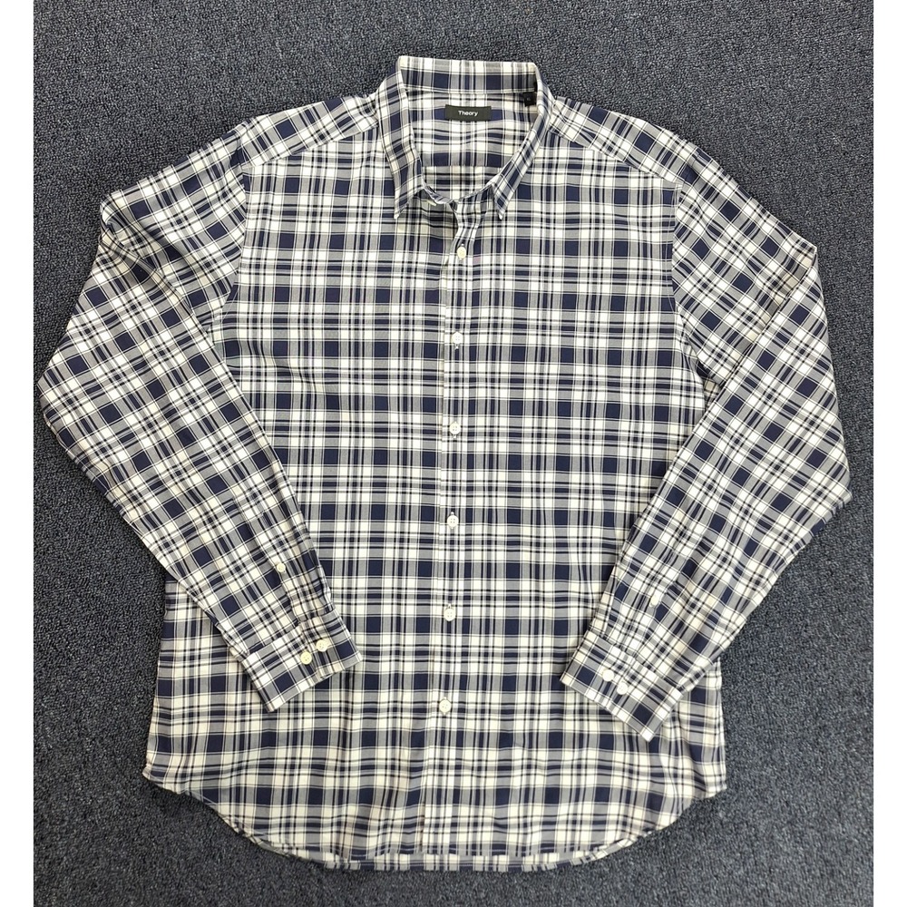 Theory Dress Shirt Blue White Plaid Button Up Long Sleeve Mens Size XL
